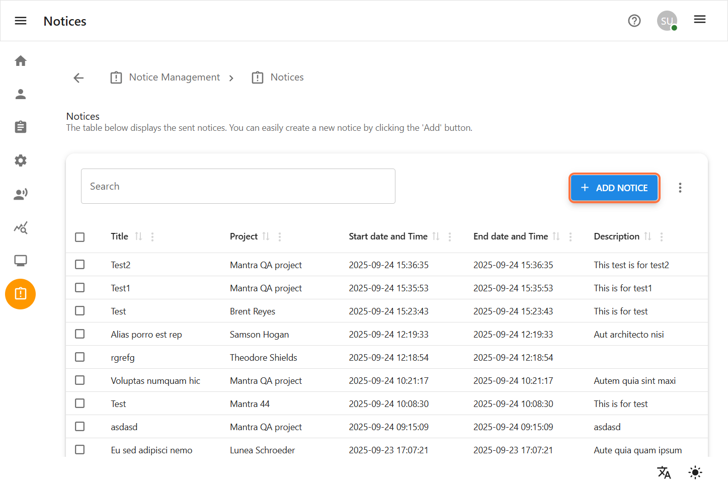 Notice Management Page